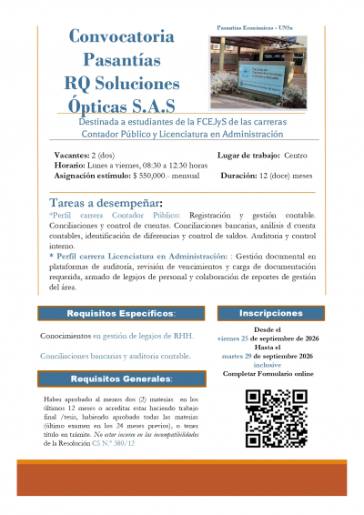 Convocatoria Pasant&iacute;as RQ Soluciones &Oacute;pticas S.A.S