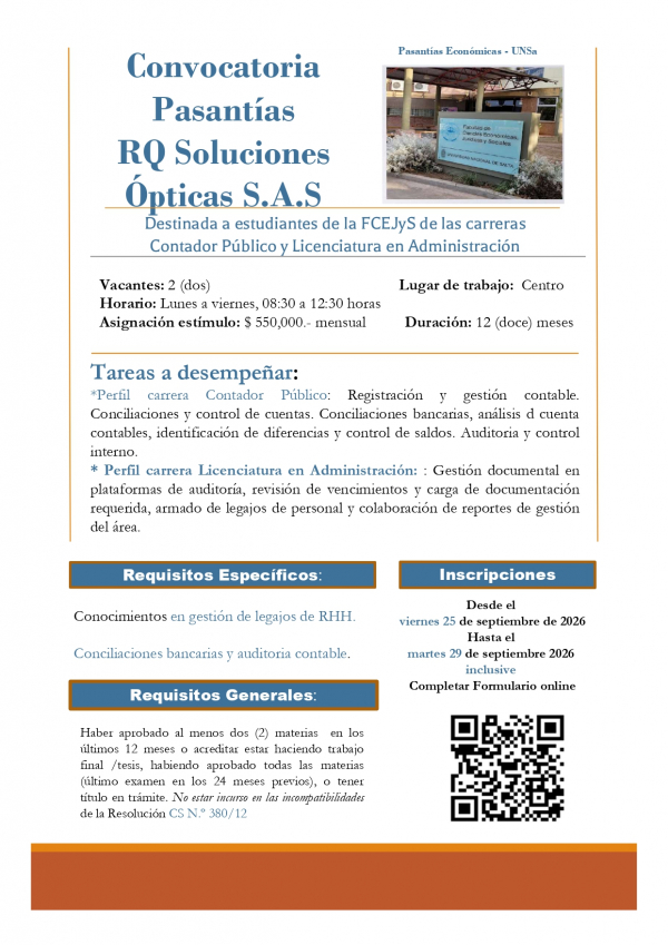 Convocatoria Pasant&iacute;as RQ Soluciones &Oacute;pticas S.A.S